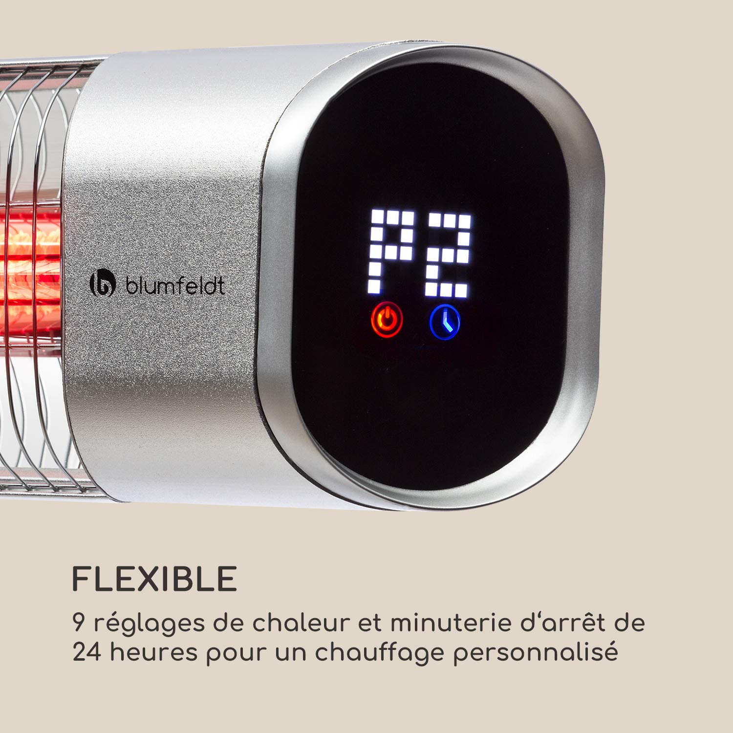 Blumfeldt Dark Wave Chauffage infrarouge, Chauffage de terrasse, MinimalGlare Heating Tube : tube carbone doré, 24 niveaux de chauffe, minuterie, IP65, écran LED, plafond 2000 W, argent