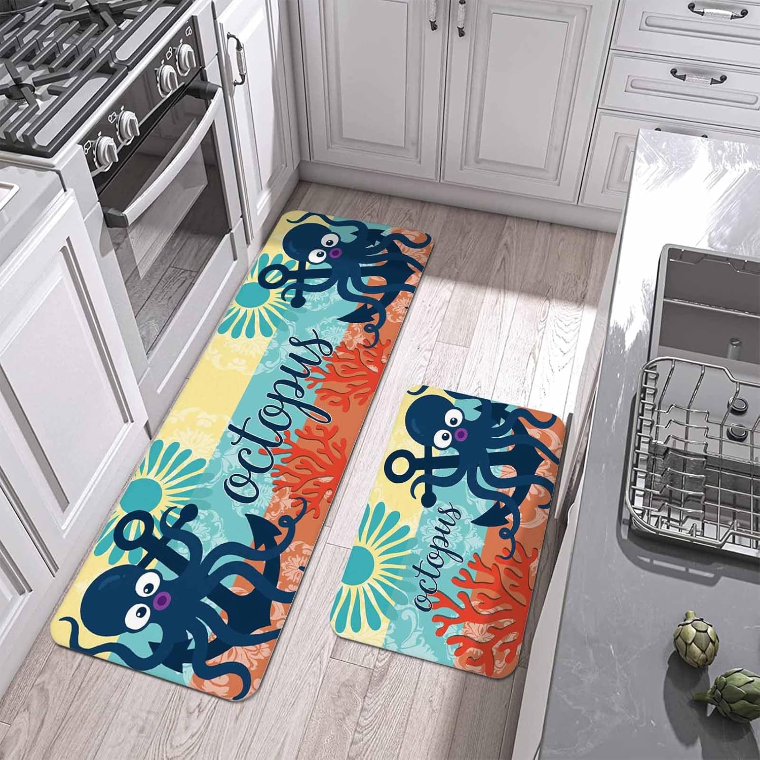 Prime Leader Navy Blue Octopus Kitchen Mat Set 2 Pieces Boho Coastal Corals Sun Marine Life Non Slip Kitchen Rugs Washable Runner Rug Mats for Floor Sink Laundry Office 19.7" x 31.5"+19.7" x 63"