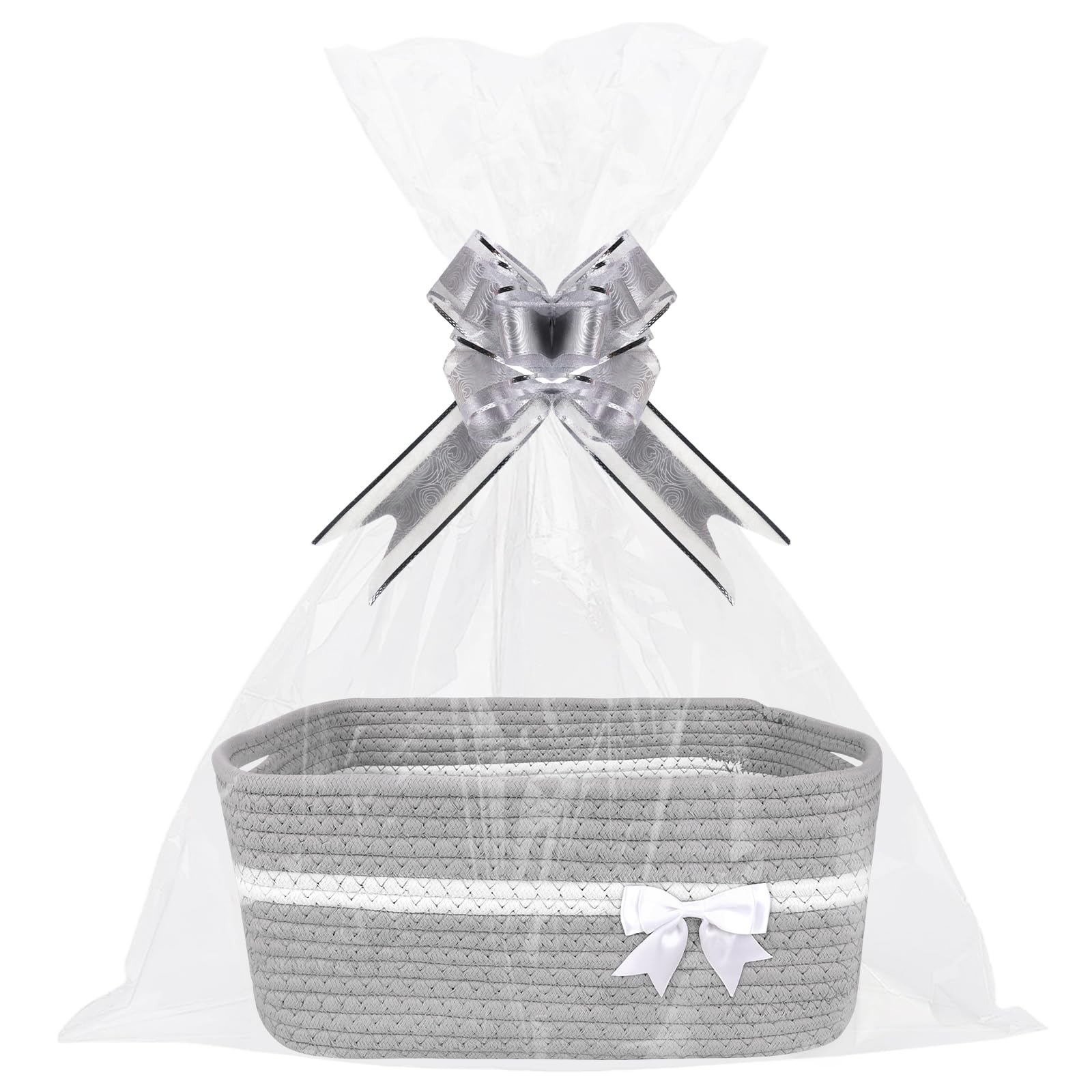 Lotvic Gift Basket, Hamper Kit, Rectangular Empty Hamper Basket with Cellophane Bags and Pull Bows, Rope Gift Baskets with Handles, Woven Gift Baskets for Baby Shower, Wedding, Birthday (Grey)