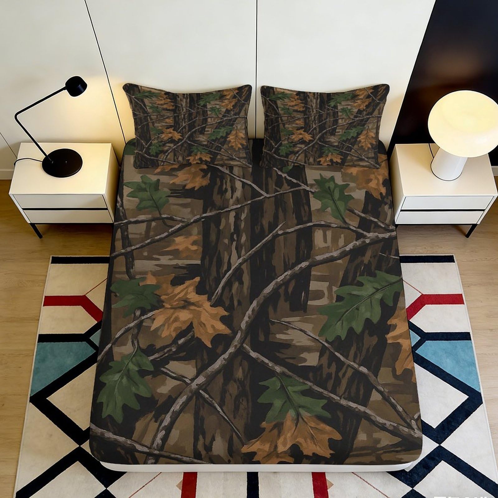 3D Printed Forest Camouflage Fitted Sheet Microfiber Autumn Leaves Mattress Cover Non-Slip Machine Washable for Bedroom Guest Room Decor 160x200x25cm
