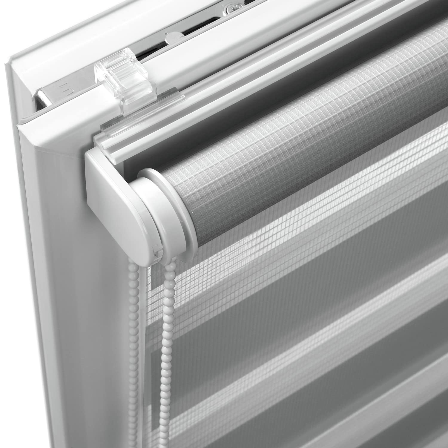 Deco Company Double Store à Clipser, Store Enrouleur à Commande Latérale sans perçage, Bandes Transparentes et Opaques, Kit de Montage Inclus, Polyester, Gris Clair, 90 x 210 cm