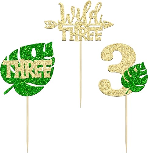 Miniatura 3 de Paquete de 24 adornos para cupcakes de hojas de Monstera con purpurina de safari en la selva, tres púas para cupcakes número 3, decoración de