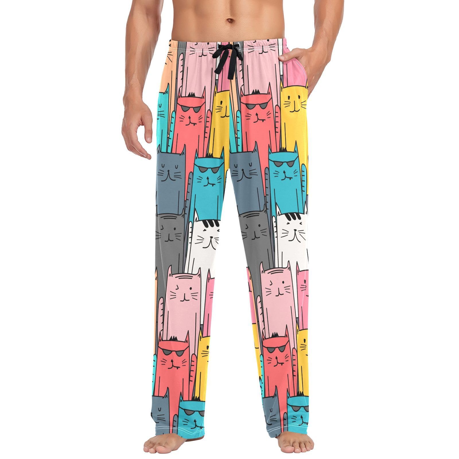 Linomo Mens Pyjama Bottoms Funny Cat Pyjamas Loungewear 100% Cotton Pyjama Trouser Nightwear PJs Pants for Men Boys
