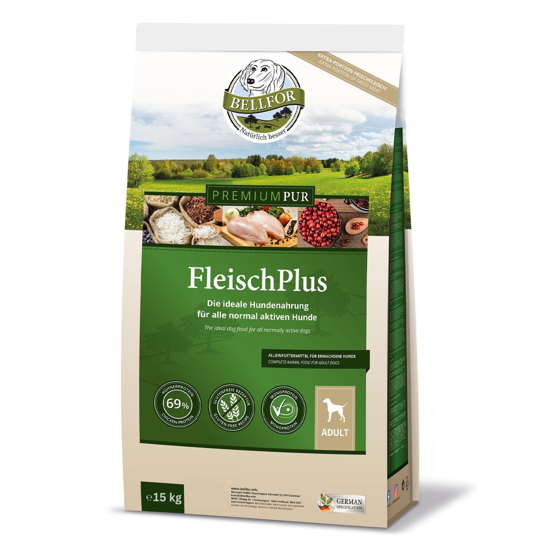 Bellfor Premium PUR FleischPlus Glutenfrei Hundefutter Trocken mit hohem Fleischanteil für normal aktive Hunde. Monoprotein-Trockenfutter für Hunde – 15 kg.