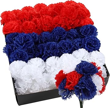Thiccywoov 180 Pcs Red Blue White Carnations Artificial Flowers 4th of July 250th Anniversary Decor Fake Silk Patriotic Carnation with 6" Stem for Memorial Veterans Day Cemetery Wreaths DIY Craft...
