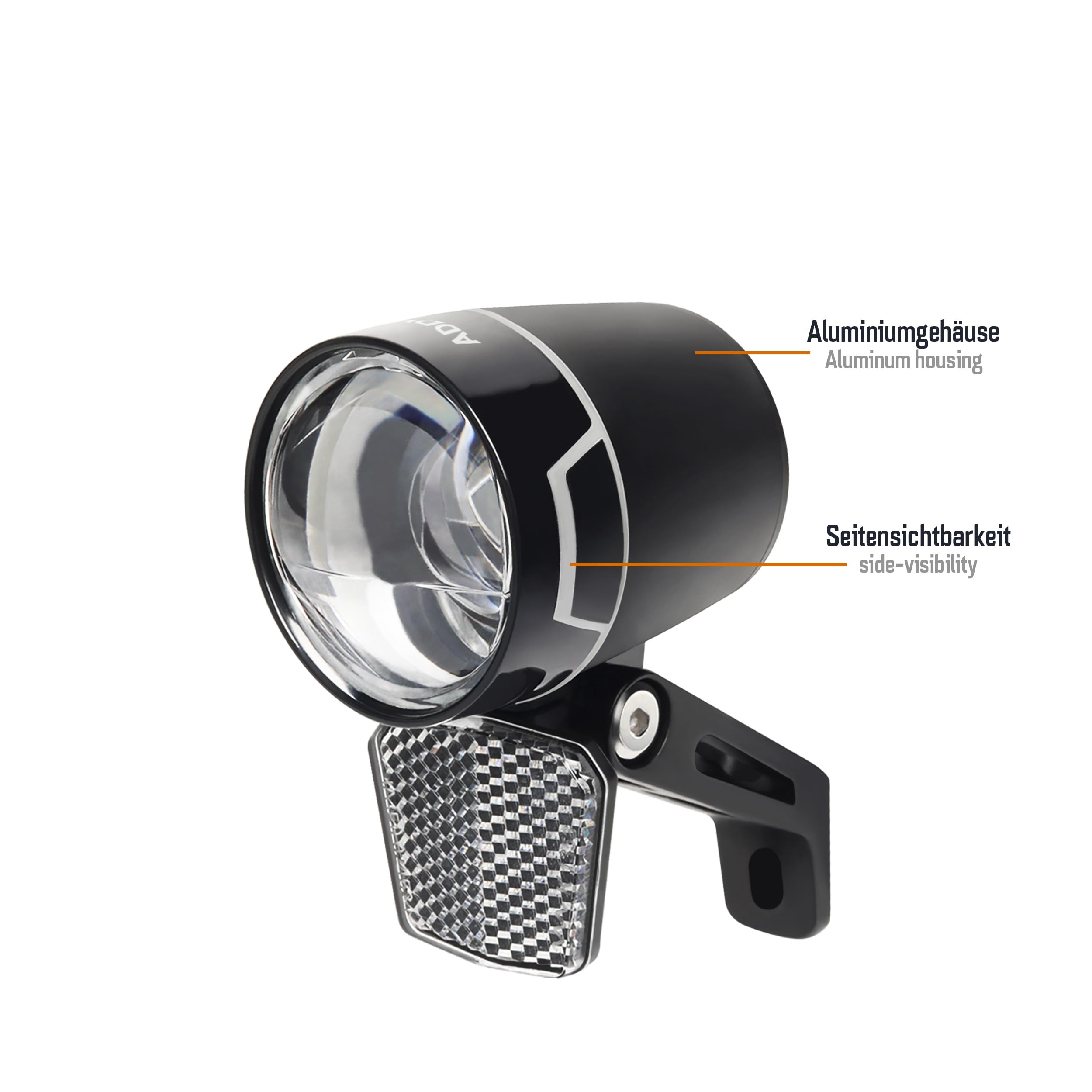 ADDVIEW Luce anteriore per bicicletta elettrica 100 Lux Nova E100 – Omologato StVZO, IP65 impermeabile, LED con tecnologia a doppia lente, per 6 V – 48 V DC, alloggiamento in alluminio, cono di luce
