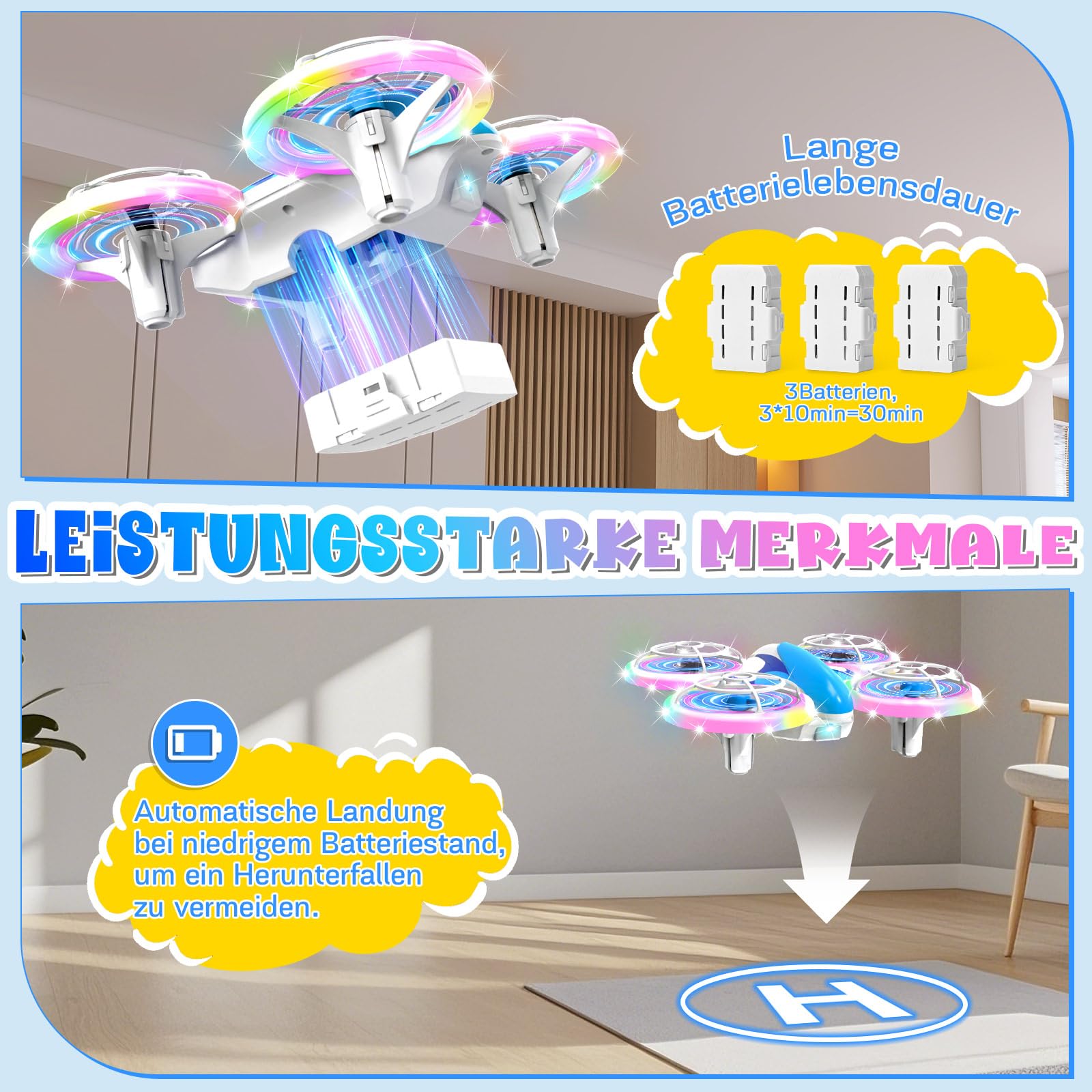 ZOOYAUE Mini Drohne für Kinder Spielzeug ab 6 7 8 9 10+ Jahre, RC Flugzeug Drone mit 3 Akkus, 360°Flips, LED Lichter für Indoor Outdoor, Geschenk für Anfänger Jungen Mädchen, Blau