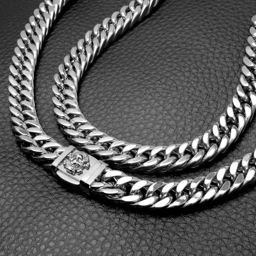 Biker-Schmuckset Halskette + Armband mit Totenkopf aus massivem Edelstahl silber poliert Männerschmuck Geschenk