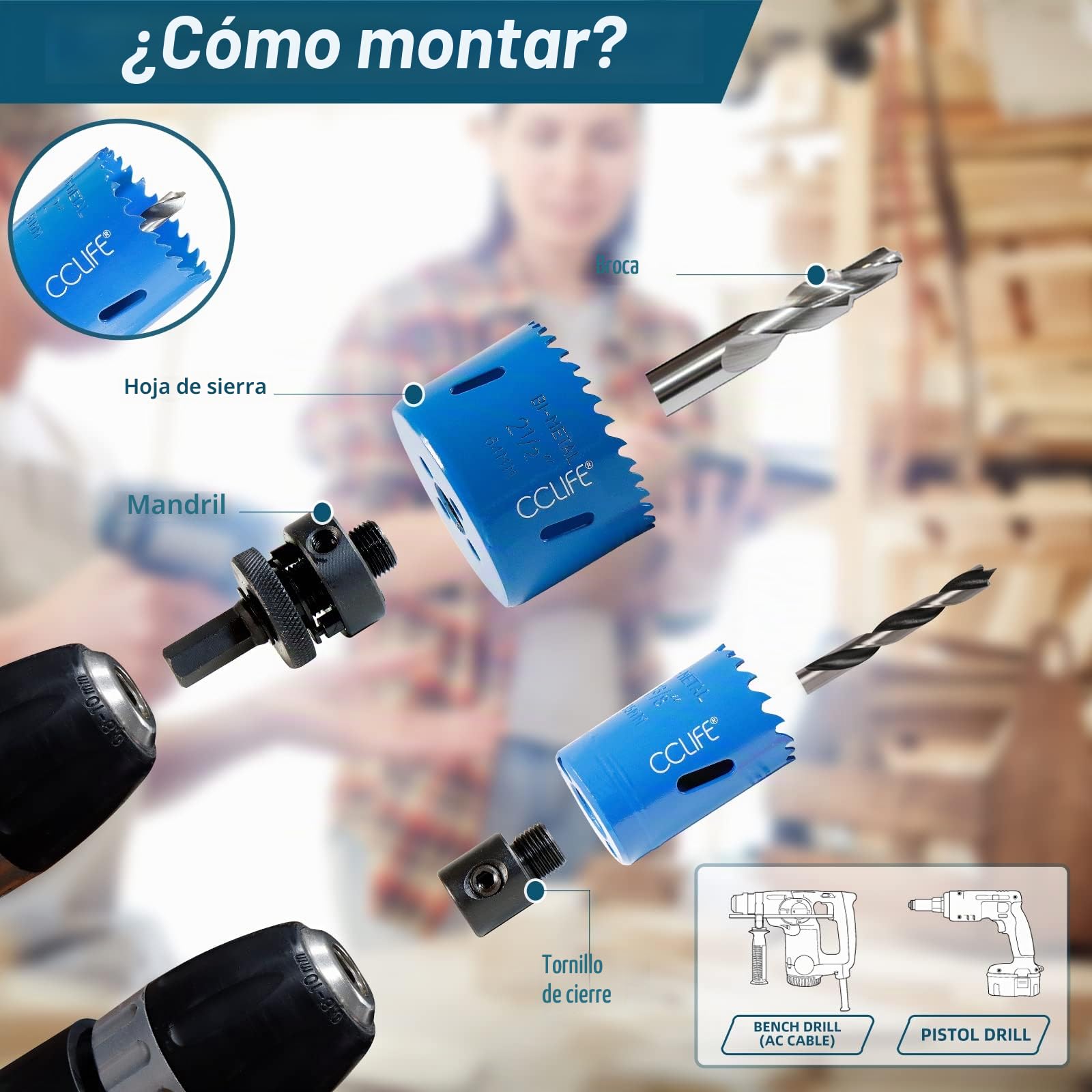 CCLIFE Juego de sierra perforadora bimetálica, 8 piezas, bimetal M3 HSS-CO, diámetro de 22 – 64 mm, profundidad de corte 38 mm, para taladrar acero inoxidable, metal ligero, madera, PVC, plástico, etc