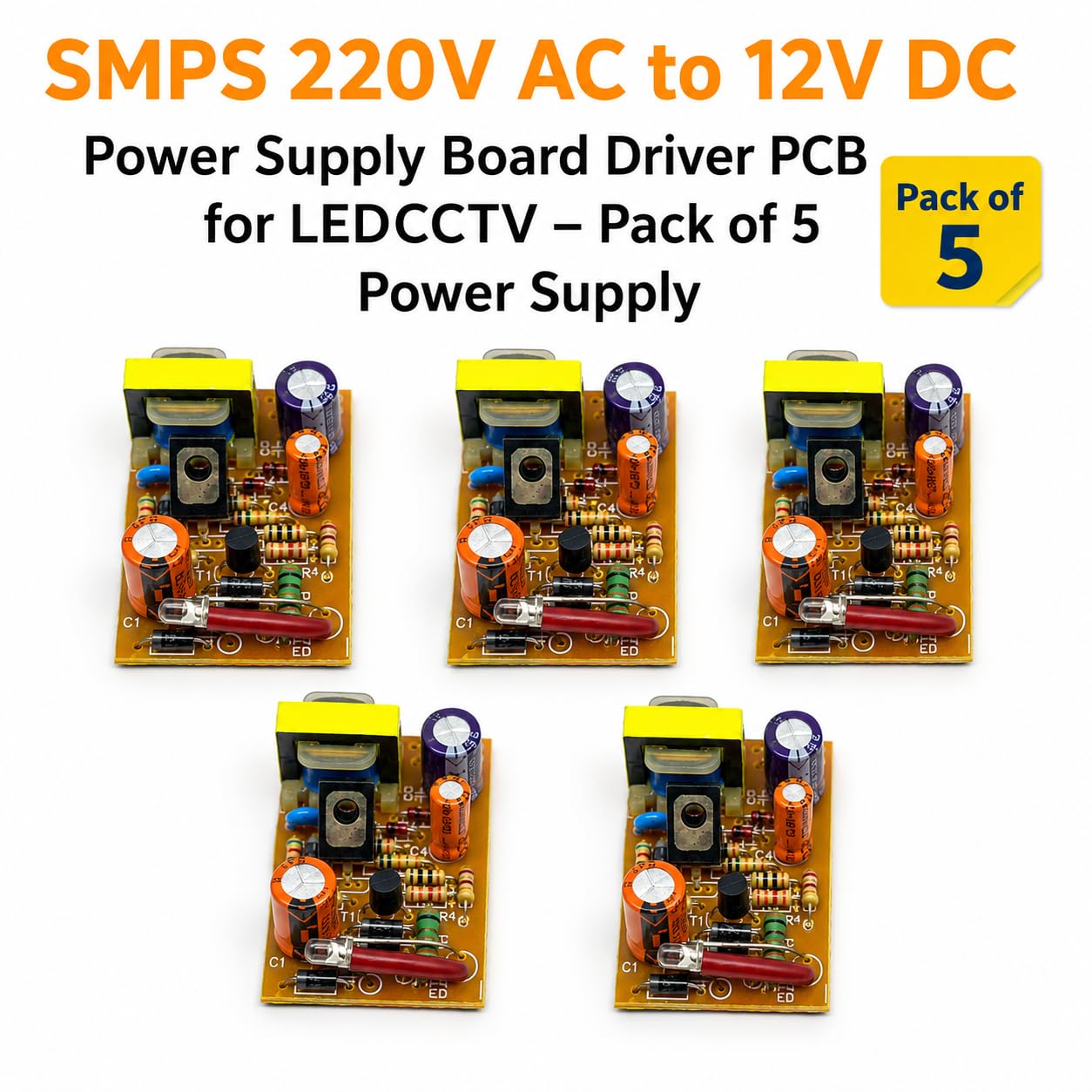 SMPS 220V AC to 12V DC Power Supply Board Driver PCB for LED Lights, CCTV Camera, DIY Electronics Projects – Pack of 5 Power Supply — Amazon image 2