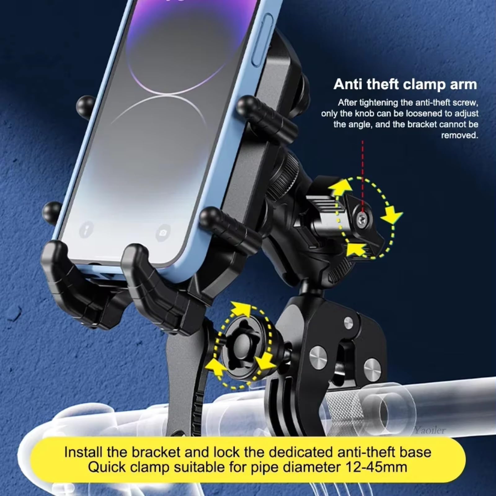 Moto Support Téléphone Support Téléphone pour Moto avec Amortisseur Vibrations Antivol pour Guidon Vélo 54 À 72 Pouces(D)
