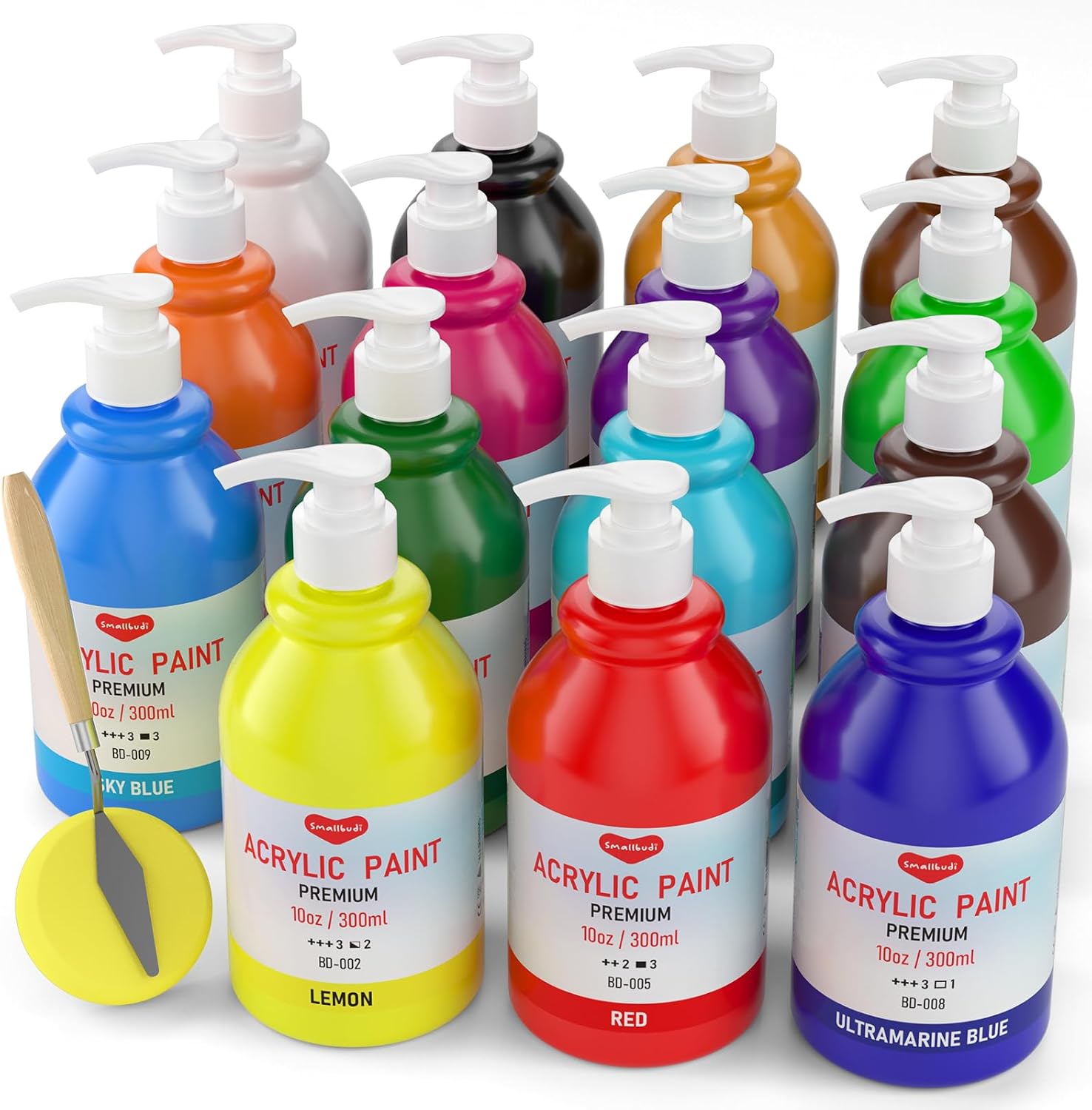 15 Colors Large Bulk Acrylic Paint Set (10 oz,300 ml) Art Painting Supplies for Multi Surface Canvas Wood Leather Fabric Rock Craft, Non Toxic Paint for Kid & Adult with Pump, Color Wheel