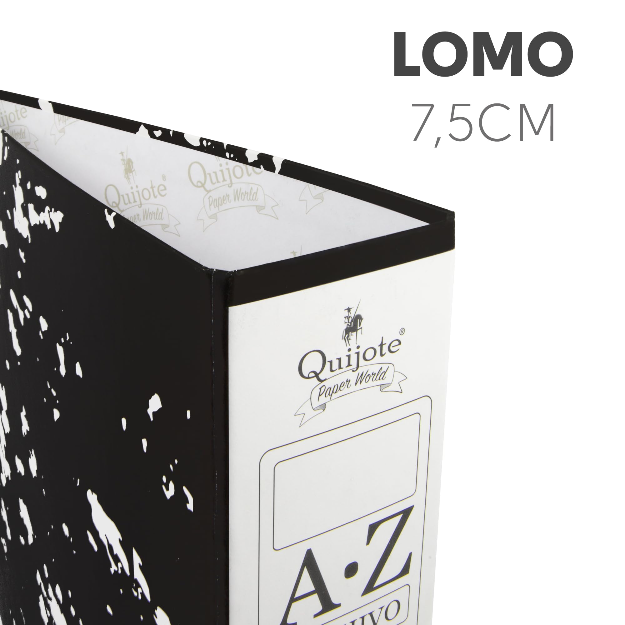 Quijote Paper World Archivadores A-Z de Anillas con Palanca, Diseño Jaspeado, A4, Lomo 75 mm, Negro, Cartón, Capacidad x, para Organizar Documentos - PACK 5 + CAJA