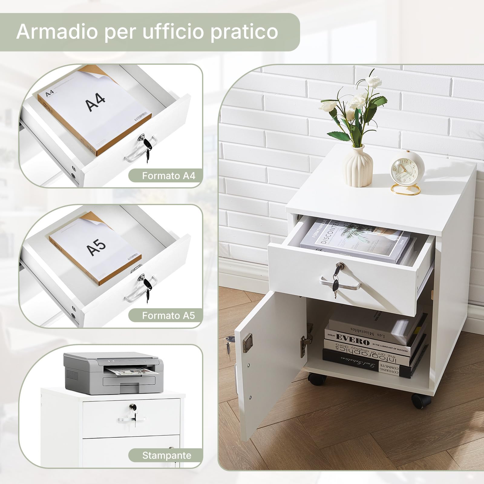 LEMROE Armadietto mobile a 2 cassetti con serratura e ruote in legno stile industriale per casa ufficio (bianco, 1 cassetto + 1 armadio)