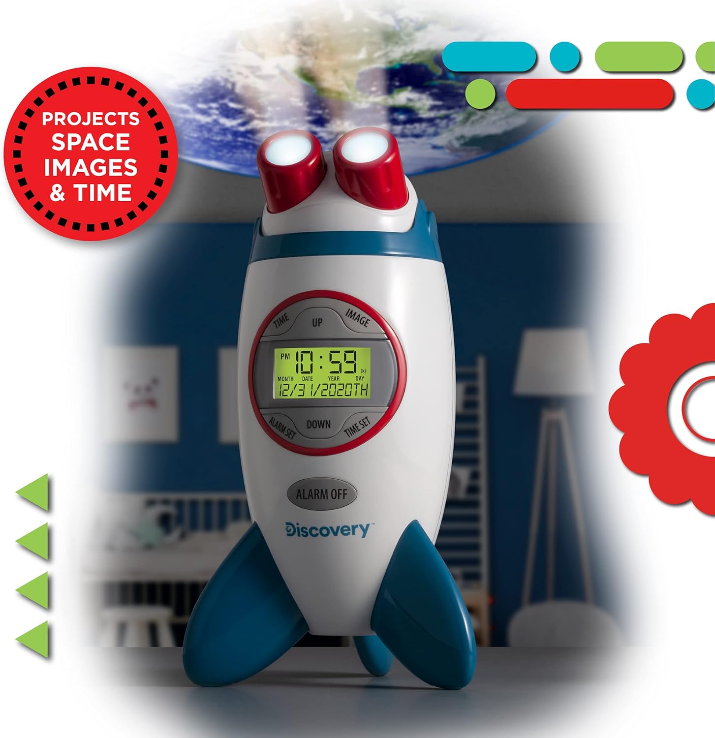 Discovery Kids Projection Alarm Clock projecting time and space images.