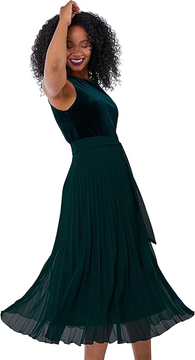 Roman Petite Velvet Pleated Midi Dress for Women UK - Ladies Autumn Everyday Winter Holiday Round Neckline Comfy Sleeveless Soft Frock Tie Belt Gowns