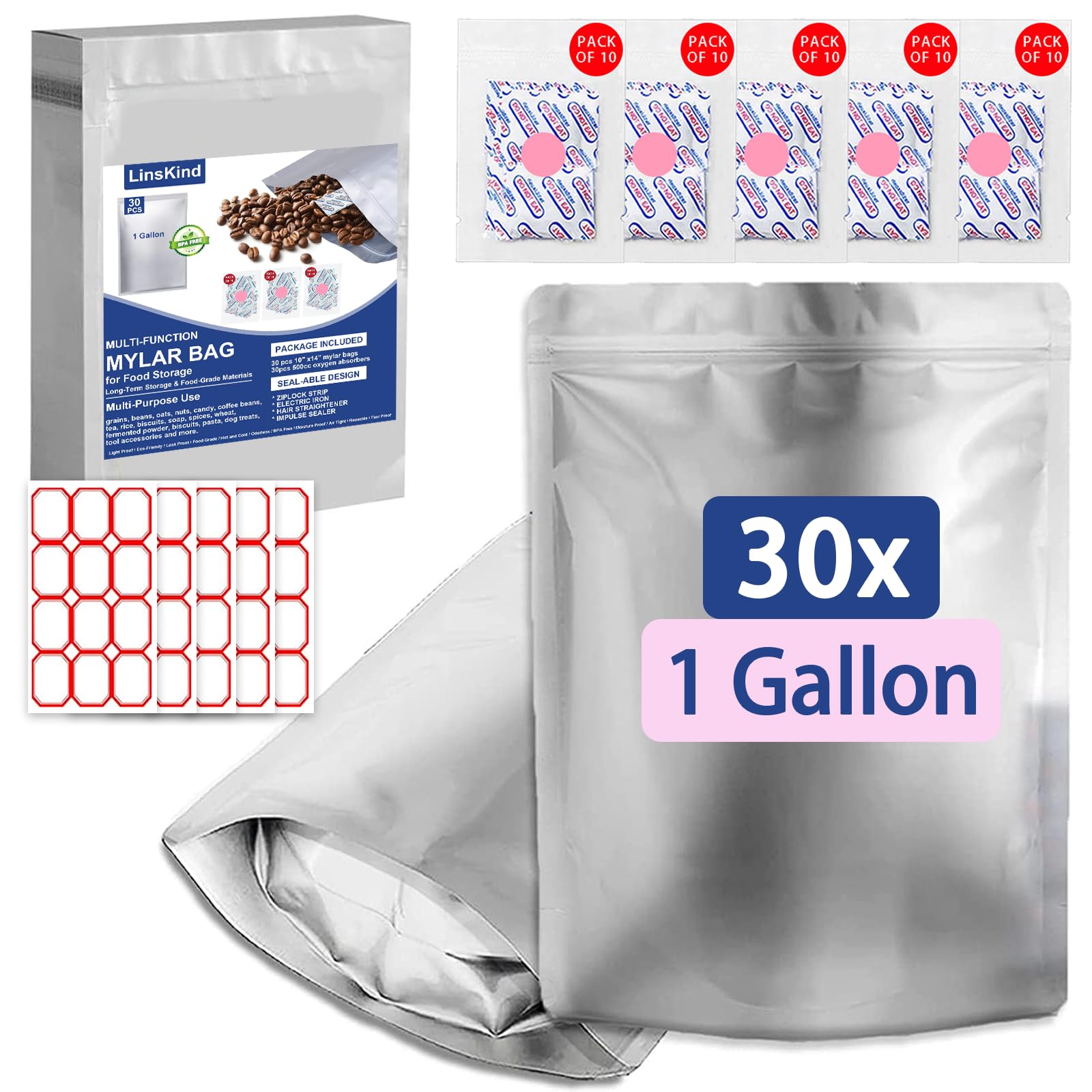 LinsKind Mylar Bags with Oxygen Absorbers, 1 Gallon 30Pcs for Food Storage