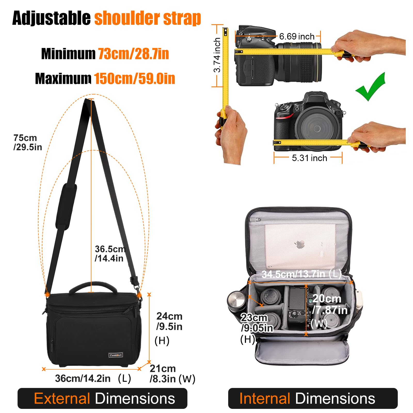Cwatcun fotocamera borsa fotocamera SLR, borsa fotografica impermeabile per fotocamere reflex per Canon, Nikon, Sony, Fuji piccola DSLR/SLR e obiettivo, Nero, XL