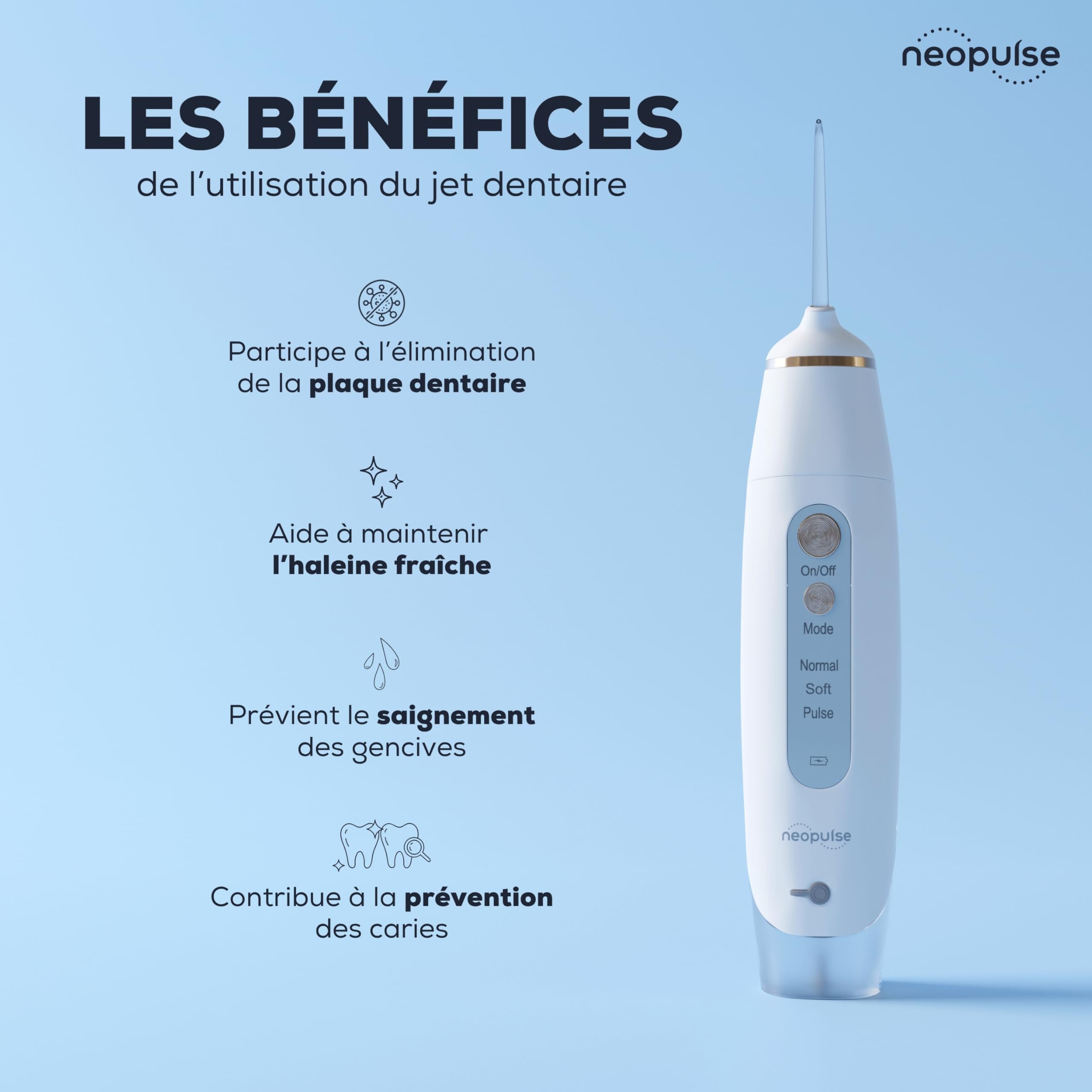 NEOPULSE® - NP3 My First, Hydropulser ortodontyczny: 4 kanule, Usuwa płytkę nazębną, 6 poziomów ciśnienia, francuska marka, obsługa klienta we Francji (biała)