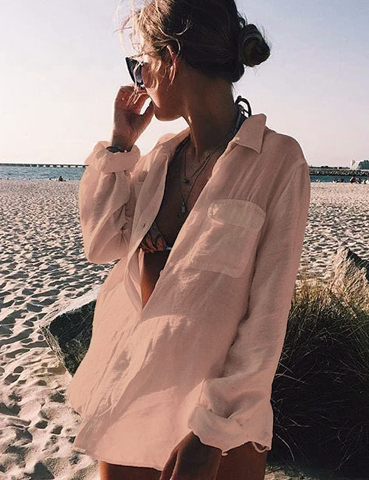 Niwicee Vestido Playa Mujer Camisa de Playa Cuello V Manga Larga Bikini Cover Up con Botón de Bolsillo Casual Blusa Tops Poncho de Playa