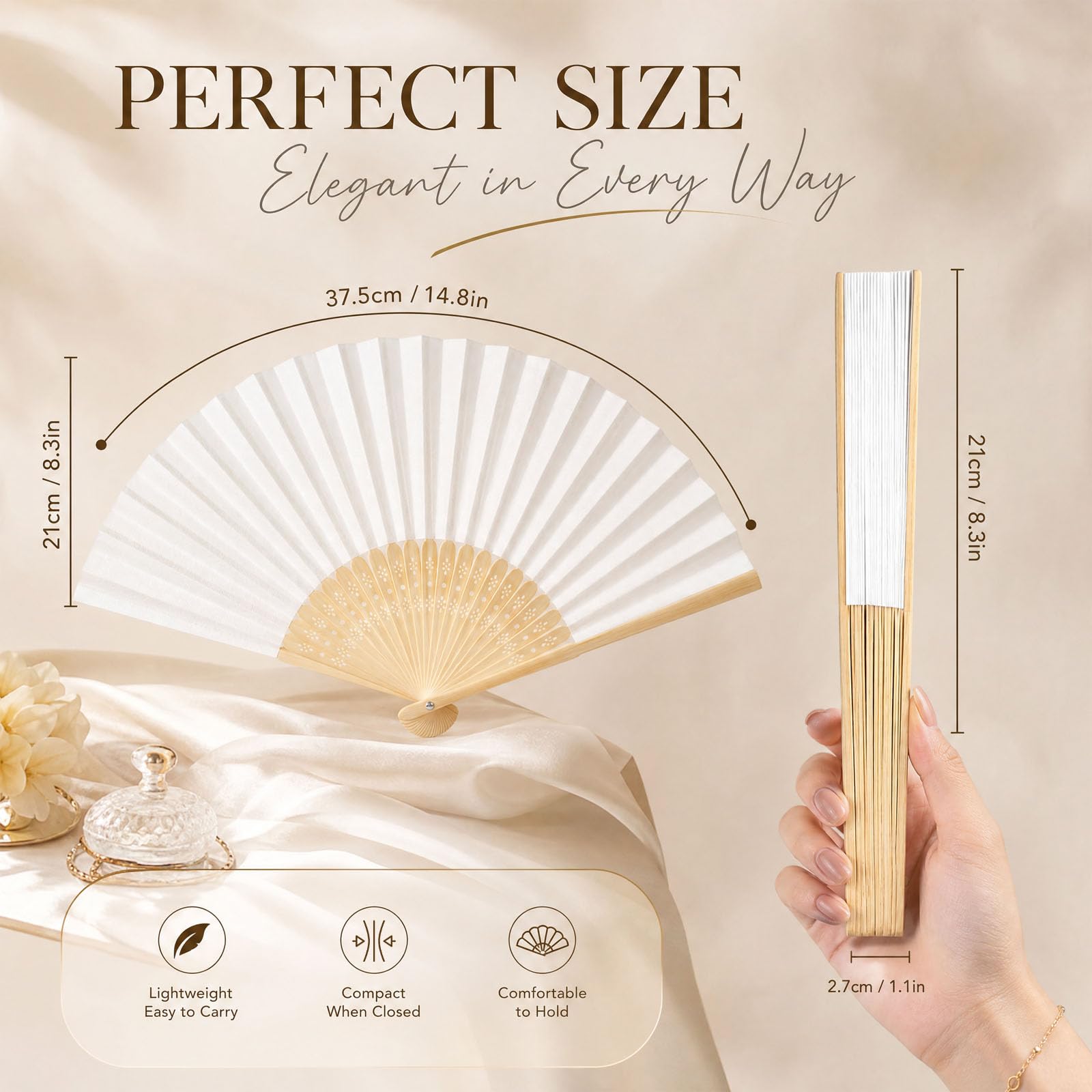 48pcs Eventail Mariage Personalisable Eventail Blanc Pliant de Papier pour Décoration Mariage Anniversaires DIY Party