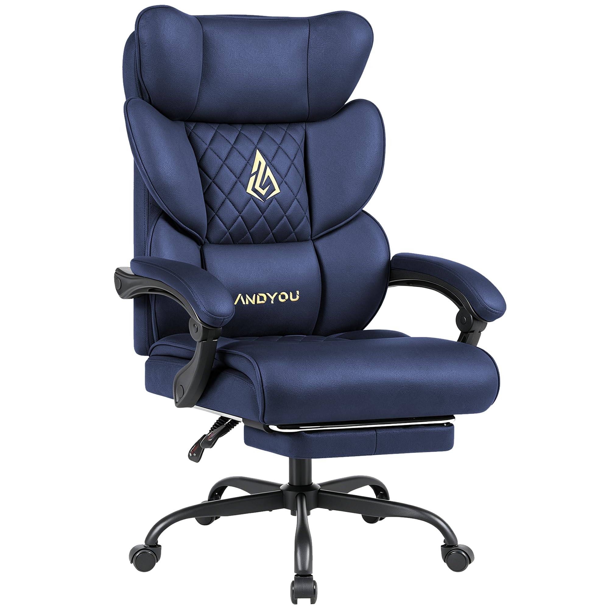Andyou Sedia Gaming Ergonomica con Poggiapiedi – Ufficio Scrivania, Schienale Regolabile 90-155° senza scatti, Braccioli Collegati, Seduta Morbida a Molle, fino a 150 kg,Blu Scuro