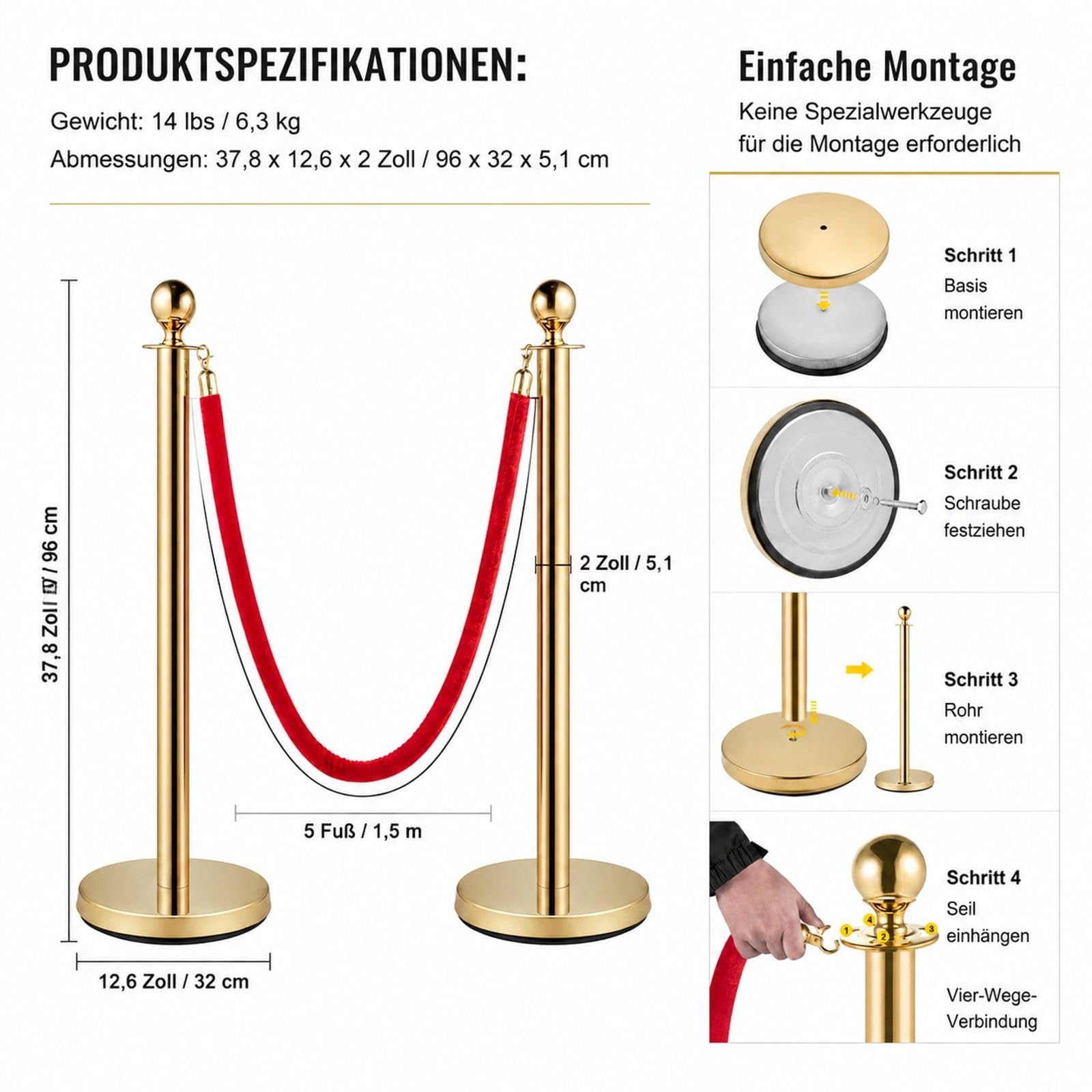 8 poteaux de guidage dorés avec corde en velours rouge