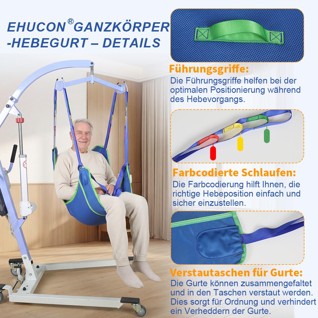 Universal Ganzkörper Hebegurt für Patientenlifter, Atmungsaktives 3D-Mesh Transfergurt für Senioren und Pflegebedürftige, Umsetzhilfe mit Herausfallschutz, bis 230 kg (Blue, mittel)