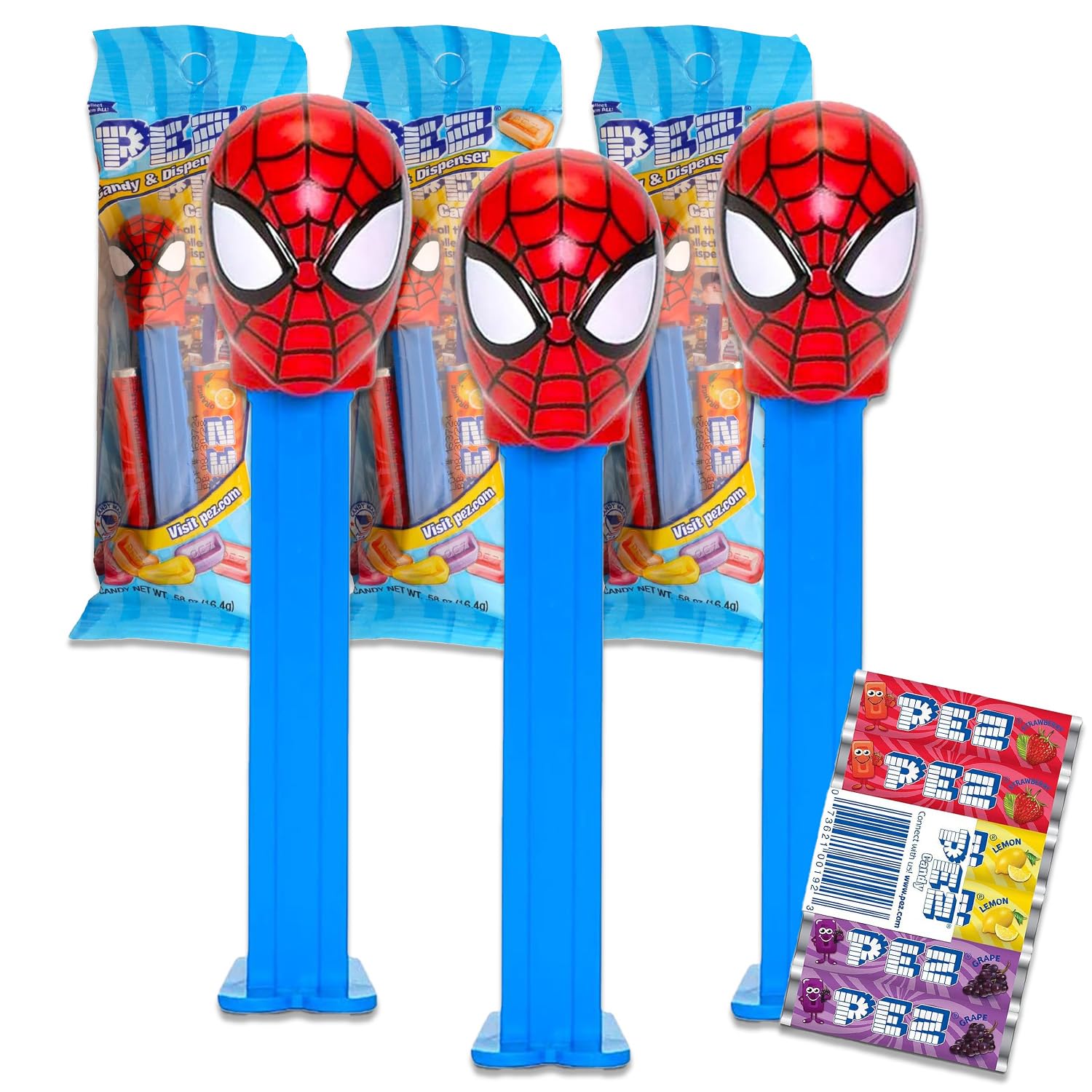 Spiderman PEZ Dispensers 4 Pack - Bundle with 3 Pez Dispensers Featuring Spiderman Plus PEZ Refill Pack | Marvel Spiderman PEZ Candy Dispenser & Candy Refills