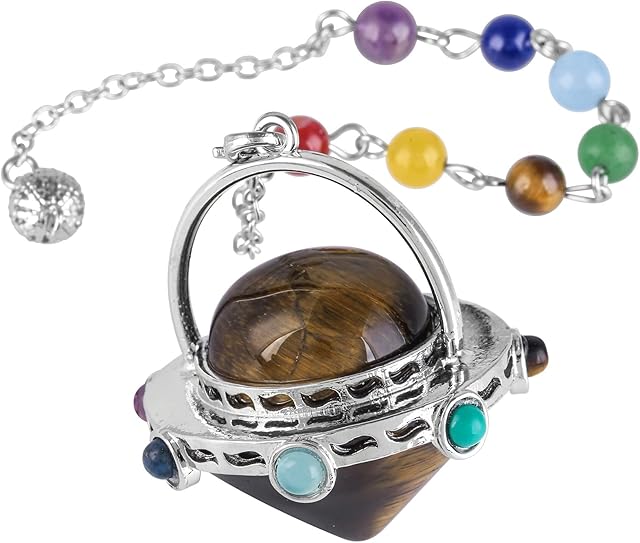 Nupuyai 7 Chakra Tiger's Eye Crystal Quartz Point Pendulum for Divination Dowsing Scrying, Energy Healing Stone Pendulum with Beads Chain