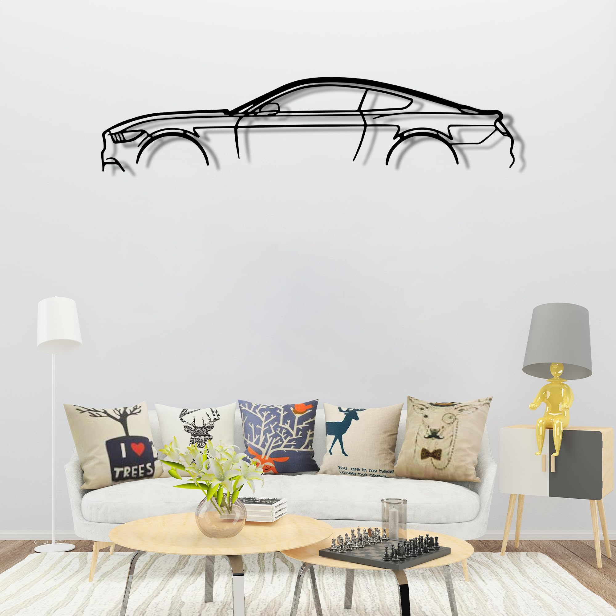 Arte de pared de metal de coche deportivo, decoración de silueta automotriz, escultura minimalista para garaje, cueva de hombre o dormitorio, interior/exterior