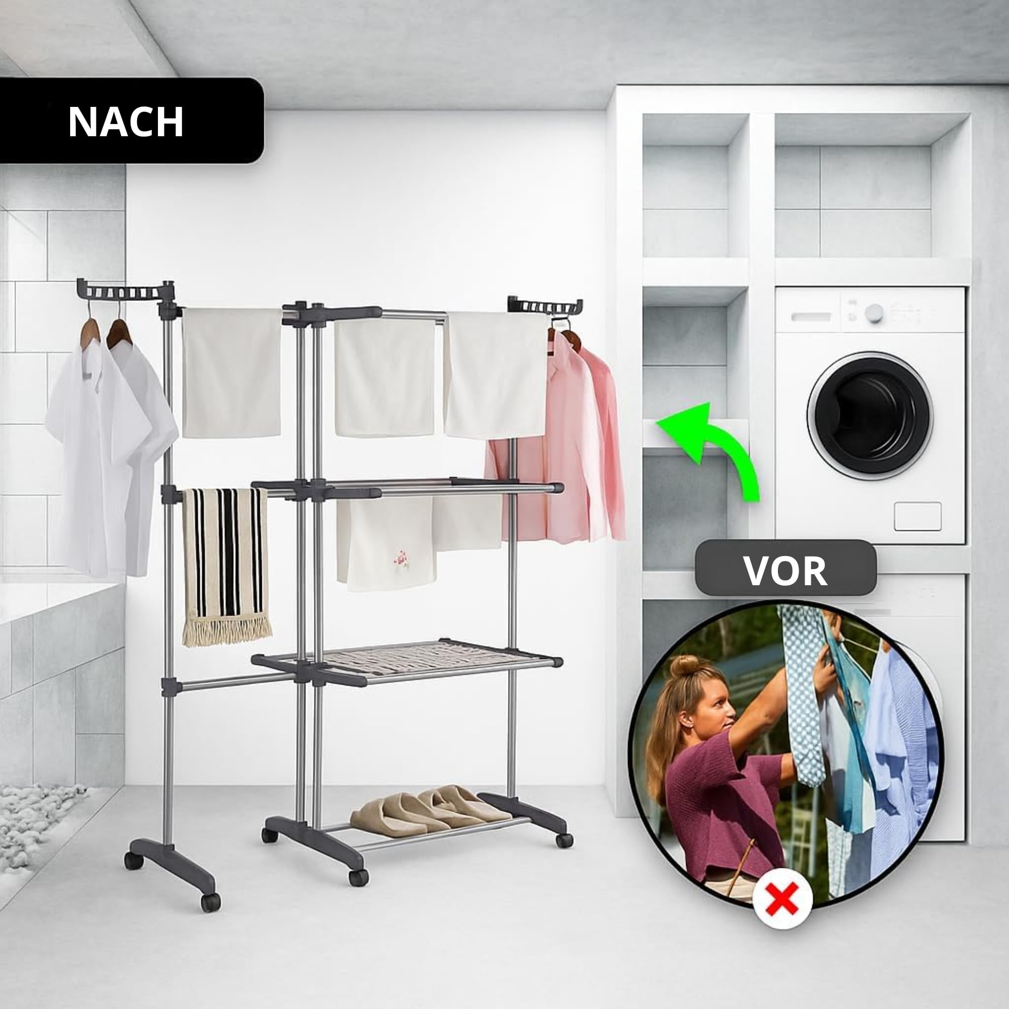 Vonia XL Doppel-Turm-Wäscheständer – 3-Stöckiger, Klappbarer Wäscheständer Für Drinnen Mit Rollen | 150 cm Ausziehbarer Wäscheständer & Kleiderstange | Hochbelastbare Wäscheleine – Grau