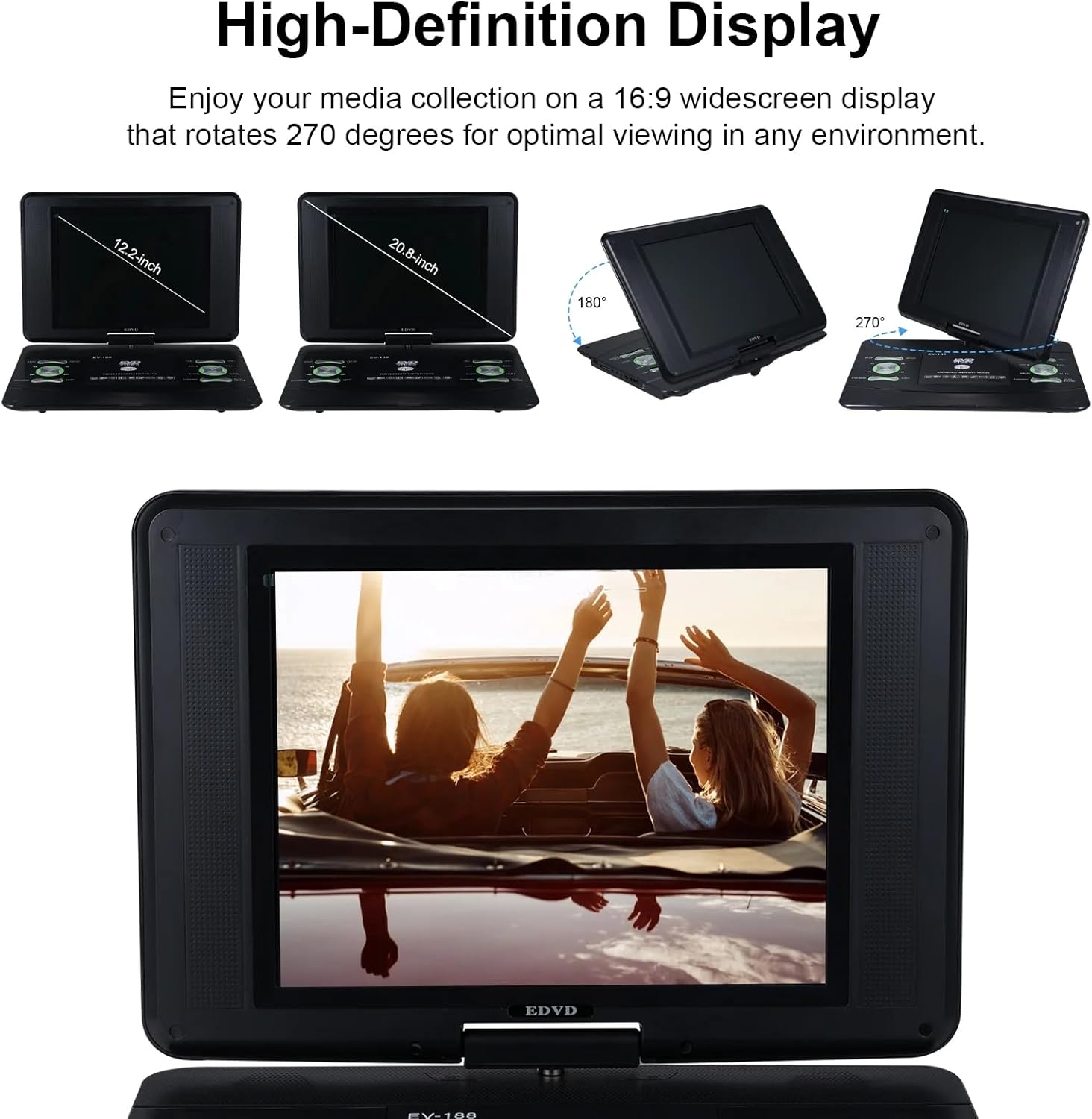 20.8" Portable DVD Player with 12.2" HD Screen for Car, Built-in Rechargeable Battery, Dual Stereo Speakers, Support CD/DVD/SD Card/USB/TV Sync, Remote Control