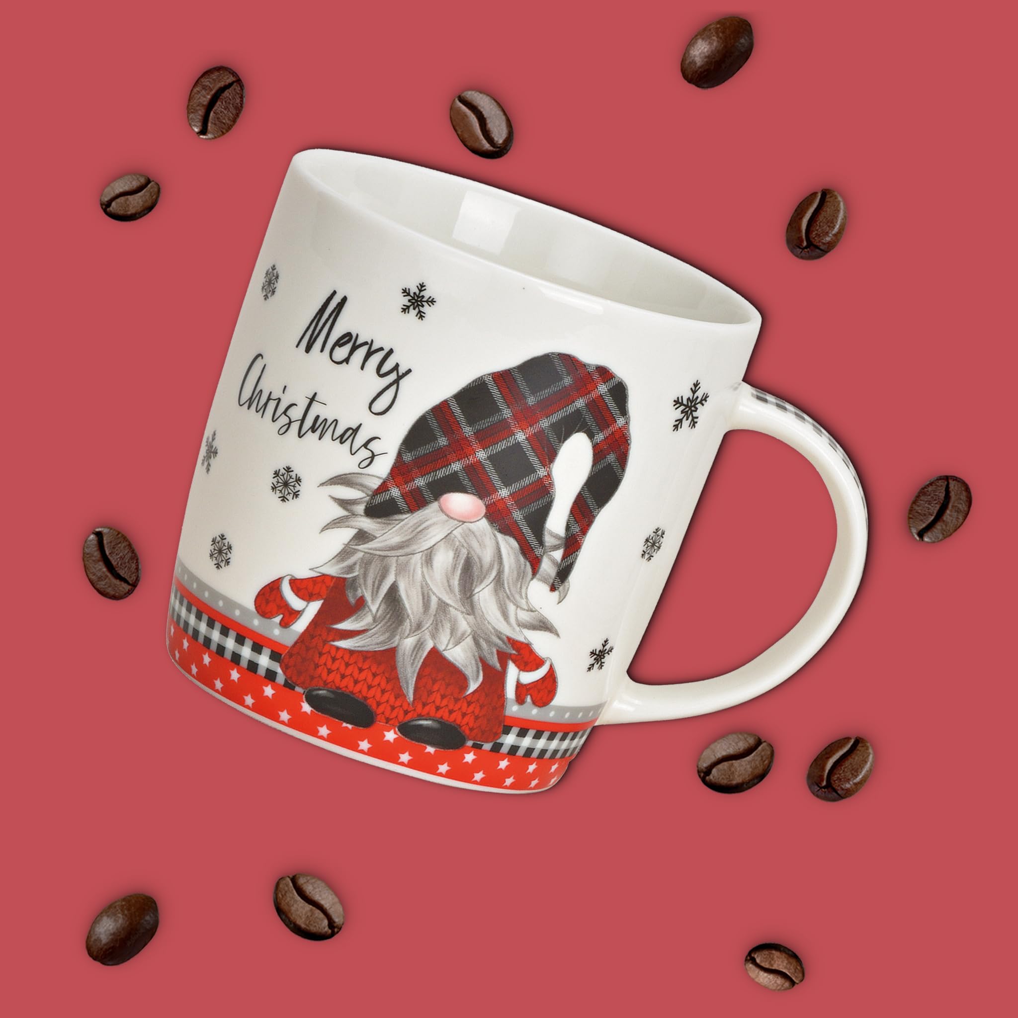 Matches21 - Tazas de café Merry Christmas, decoración navideña, gnomo gris y rojo, porcelana, 36 unidades, 12 x 9 x 8 cm, 340 ml
