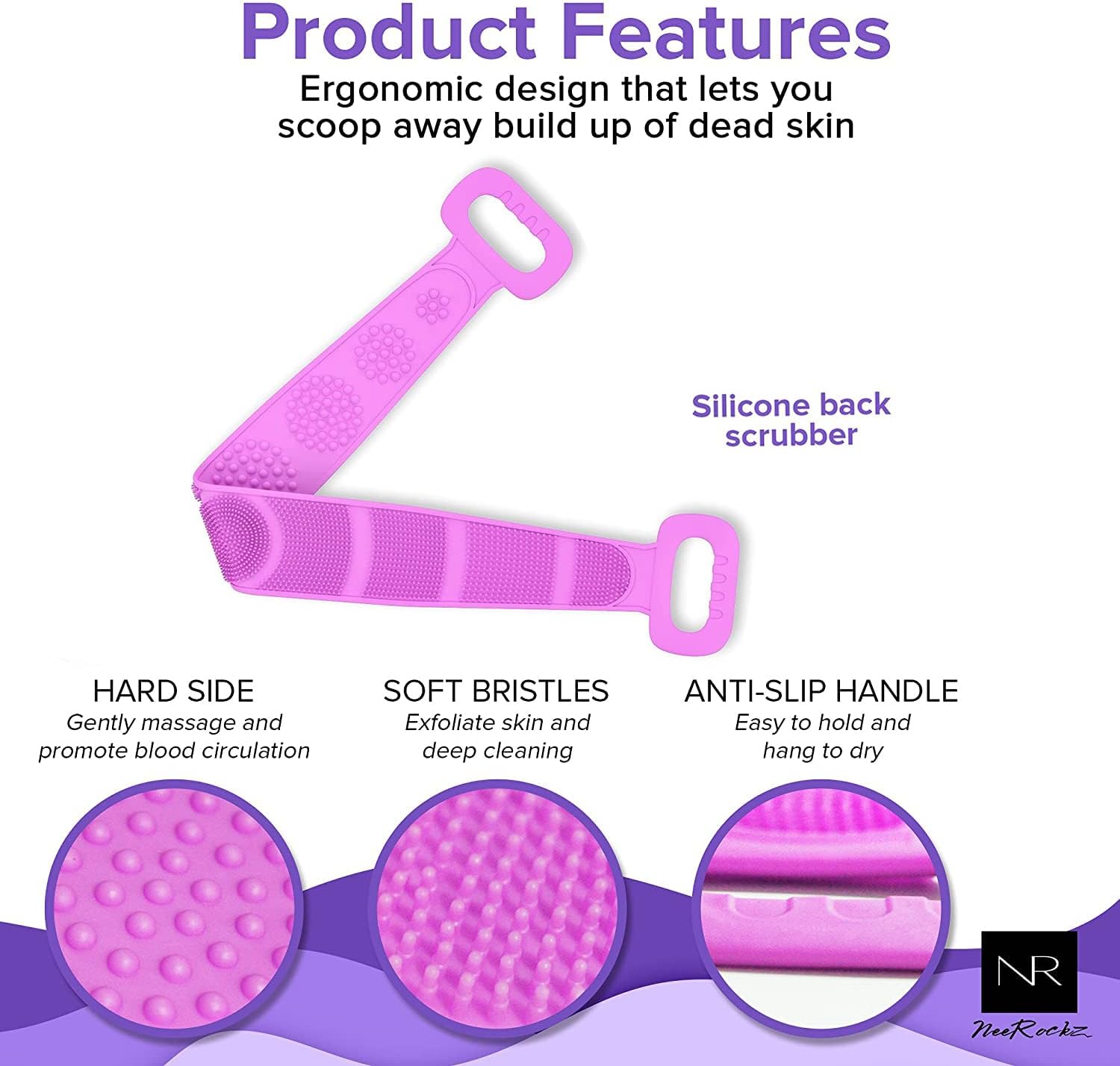 Silicone Back Scrubber for Shower, Body Brush Back Scrubber for Shower Back Brush Silicone Bath Body Brush 31.5 inch Easy to Clean Washer Exfoliating More Hygienic (31.5in/80cm, Greenpurple)