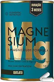 5 Magnésio QUELATO - 180 Cápsulas - 3 Meses de Duração - Dimalato + Bisglicinato + Taurato - Elemental Nutrition
