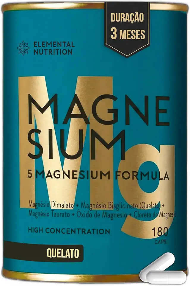 5 Magnésio QUELATO - 180 Cápsulas - 3 Meses de Duração - Dimalato + Bisglicinato + Taurato - Elemental Nutrition