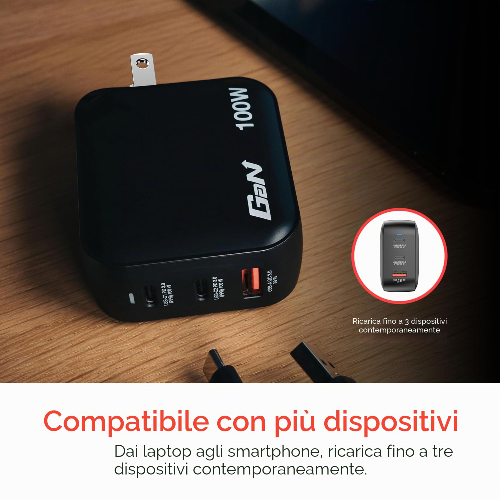 Verbatim Mini GaN Charger 100W 3 Porte USB-C Caricabatterie Power Adapter 2 X USB-C & 1 X USB-A Caricatore Rapido Multipresa Apple MacBook, Notebook iPad, iPhone, Samsung & Co, per UK, USA
