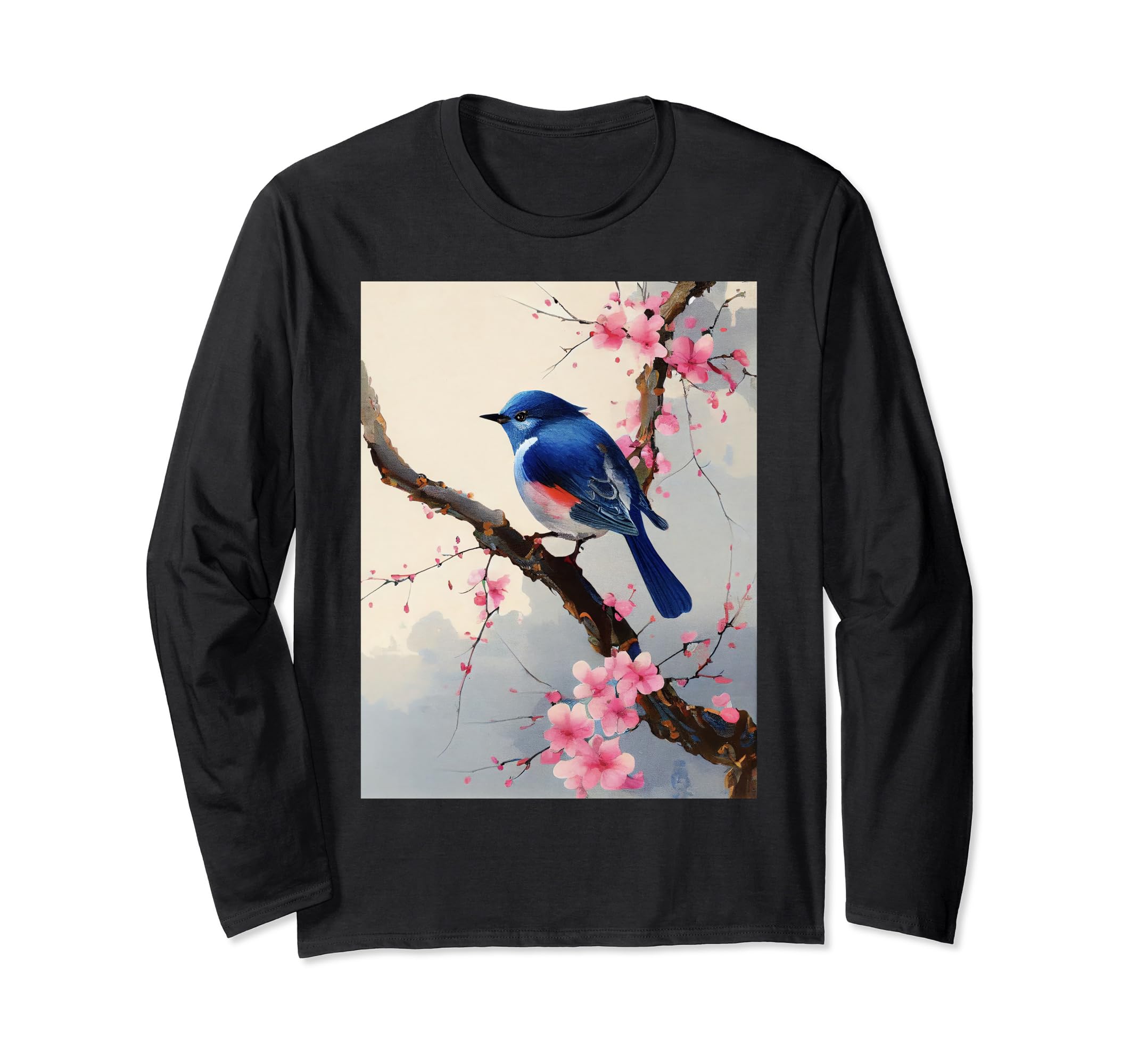 Arty BirdyEastern blue Bird sitting on Japanese Cherry Blossom tree Long Sleeve T-Shirt