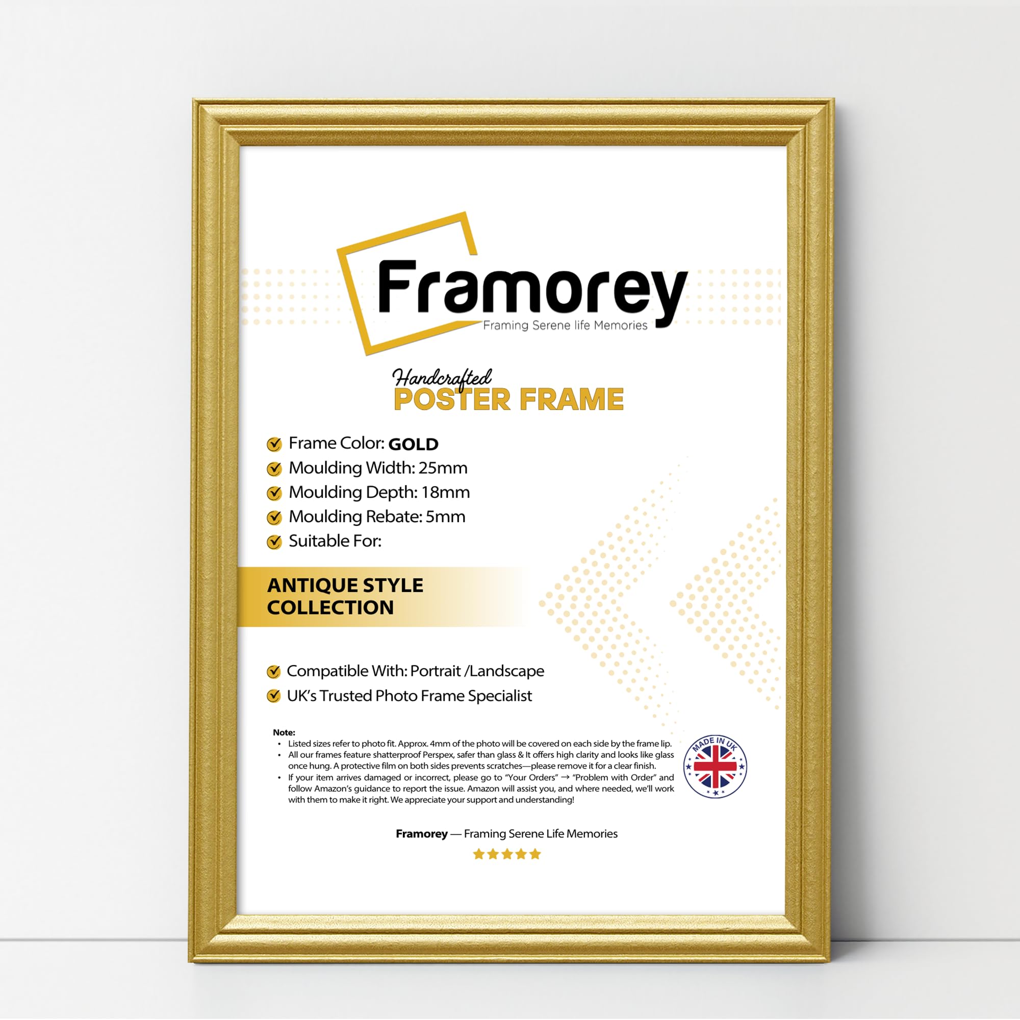FRAMOREY Gold A4 Size Picture Frame, Wall Hanging Photo Frames, LW Antique Style Print Poster Frame, Wall Hanging Frames, Home Decor Frame,