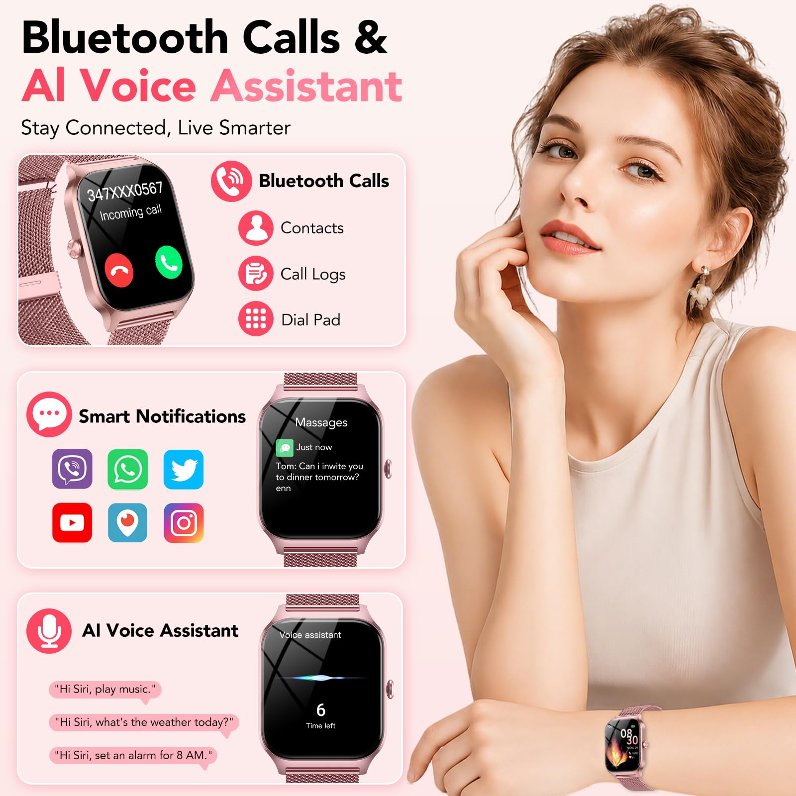 CASCHO Smartwatch Donna,1.85" HD Orologio Smartwatch con Chiamate Bluetooth e Assistente Vocale AI,120+ Sportive con Contapassi/Sonno/Cardiofrequenzimetro, Smart Watch per iOS Android, 2 Cinturini