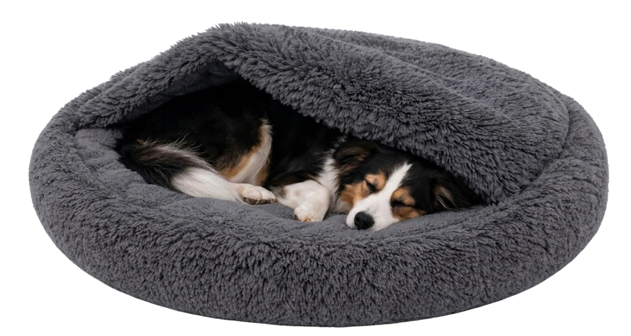 Odolplusz Rundes Kuschel-Hundebett und Katzenbett, Grau, Shaggy Bouclé, Schlafsack-Design, Warmes Höhlenbett, Rutschfester Boden, Maschinenwaschbar, für Mittelgroße Hunde und Große Katzen (100 cm)