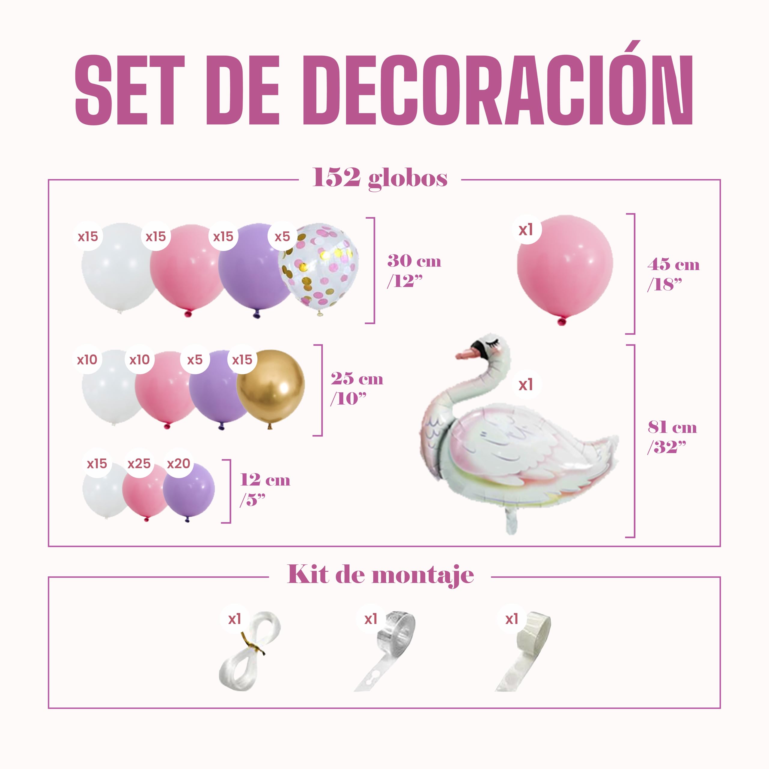 Kit Arco Di Palloncini Per Compleanno Ragazza O Baby Shower - 155 Palloncini Rosa, Viola, Oro, Bianchi E A Tema Cigno - Decorazione Festa Completa
