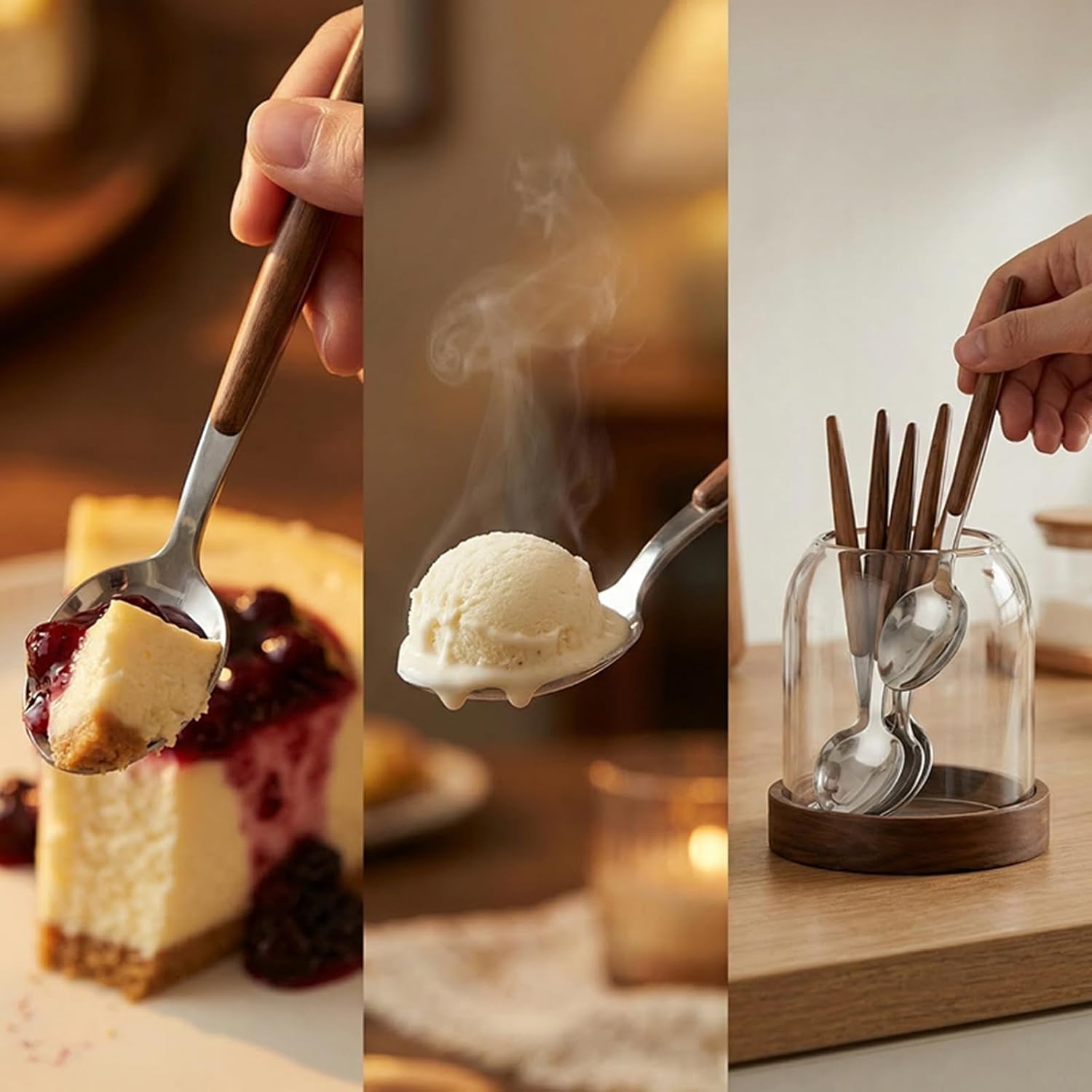 Glass Utensil Holder With Wooden Base,Fork And Spoon Set With Wood Handles,Cutlery Caddy For Kitchen Afternoon Tea Ice Cream Cake Stainless Steel(Transparent glass-spoon)