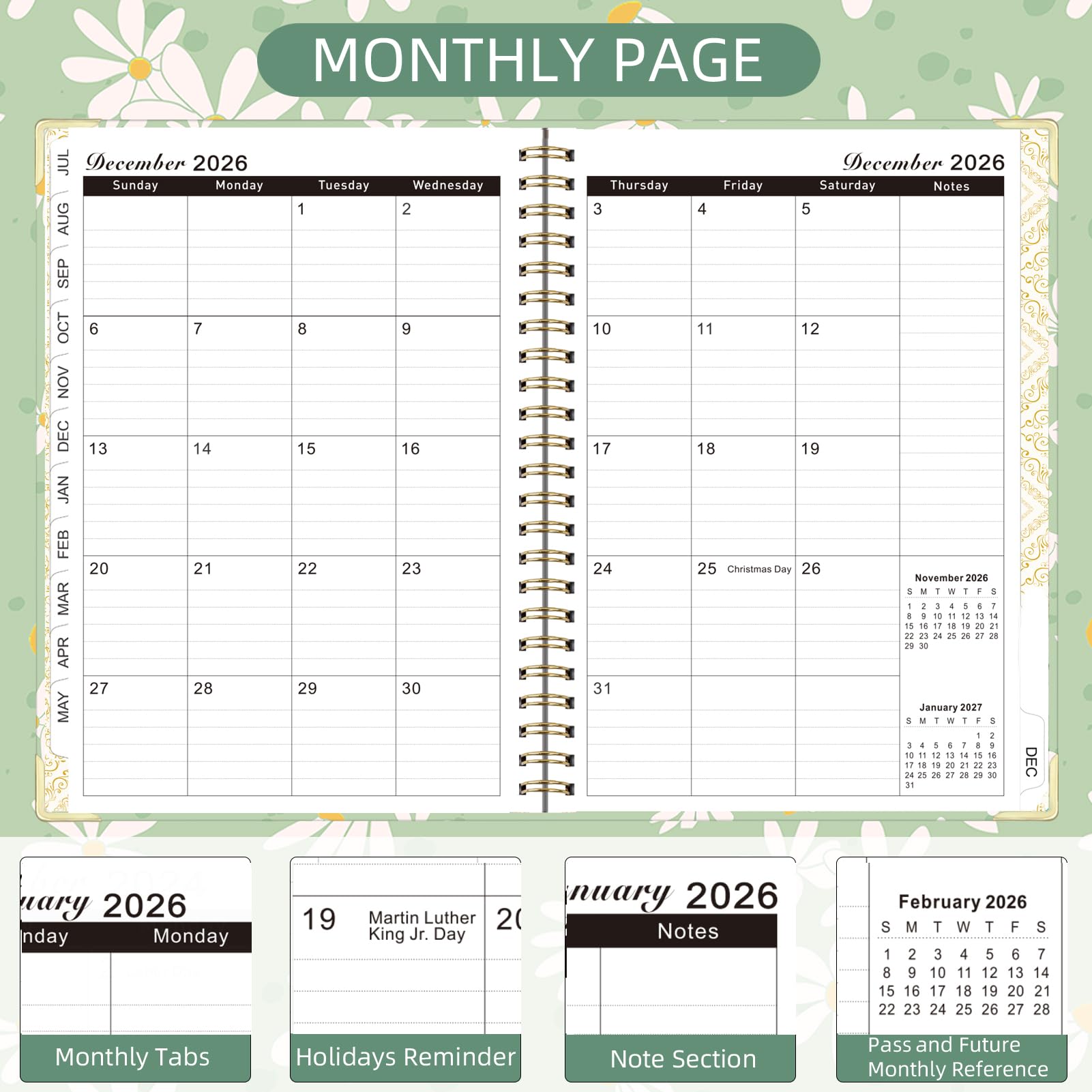 Knagsfa 2026 Monthly Planner, Jan.2026 - Dec.2026 Weekly Monthly Planner 6.25"x8.5" with Page Tabs, Calendar Hardcover with Inner Pocket, Elastic Band, Twin-Wire Binding, Bookmark, Green Daisy - Image 3