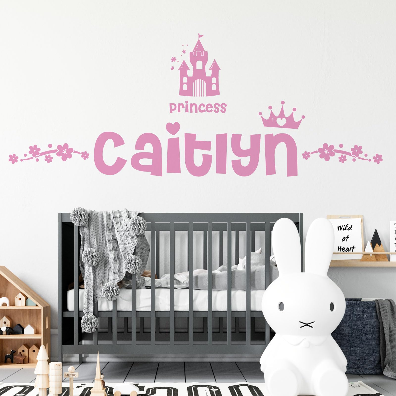 Personalised Name Girls Wall Art Sticker - Princess Disney Castle Crown Floral Motive [Large] [Pink]