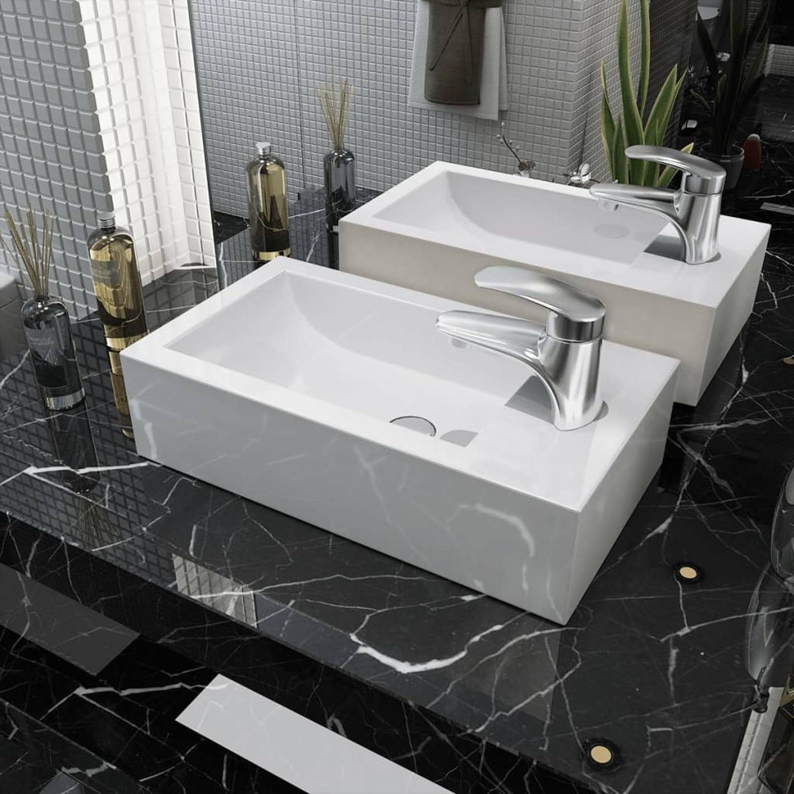 Lavabo con Agujero Grifo, Lavabo sobre Encimera, Lavabo Baño, Muebles De Baño, Mueble Lavabo, Rectangular cerámica 46x25,5x12 Blanco