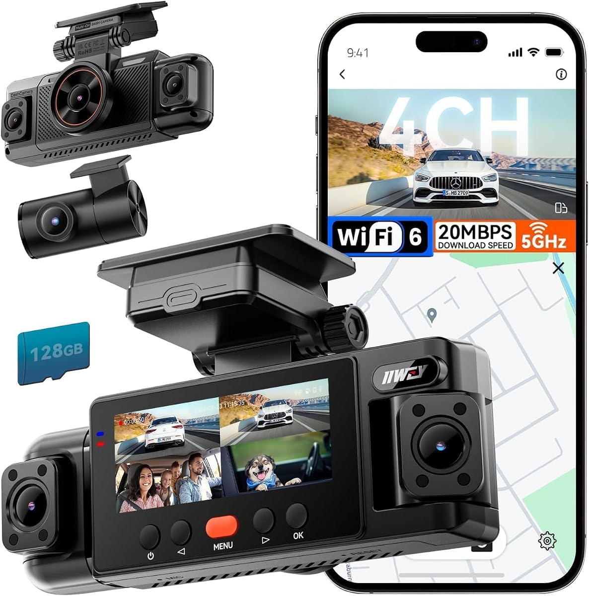IIWEY N6 360° Dash Cam 4 Channel, Free 128GB Card, 8 IR Lights Night Vision | 5.8G WiFi-6 (up to 20MB/s) with App, 24/7 Parking Mode, FHD Front & Rear Inside Dash Cam for Car, 3.16” IPS, GPS, G-Sensor