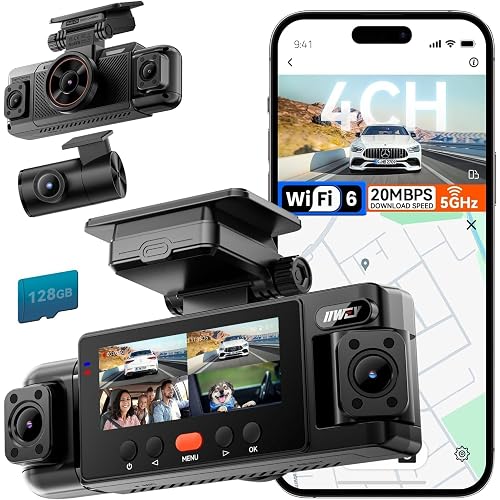 IIWEY N6 360° Dash Cam 4 Channel, 5.8G WiFi-6 (up to 20MB/s) with App, Free 128GB Card, FHD Front & Rear Inside Dash Cam for Car, 8 IR Lights Night Vision, GPS, 24/7 Parking Mode, G-Sensor
