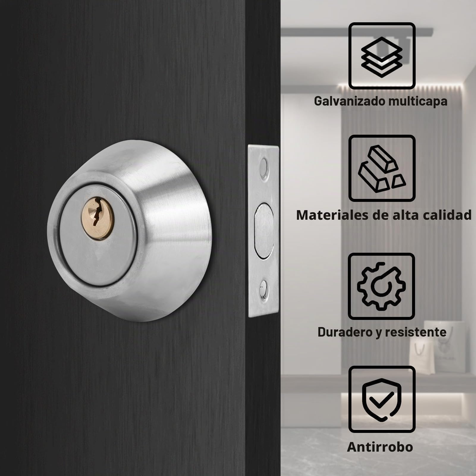 Cyrank Cerradura De Cilindro Doble con Llave, Cerradura De Cerrojo con Llave Doble En Ambos Lados Cerradura De Cilindro Ajustable De Dos Vías para Puerta Delantera(Stainless Steel)